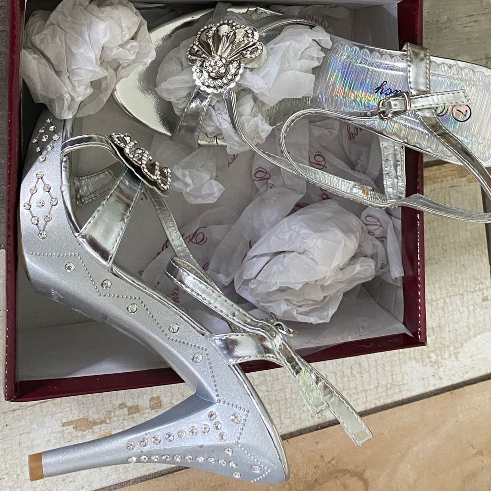 Delicacy silver dress shoe with rhinestones & flower adornments